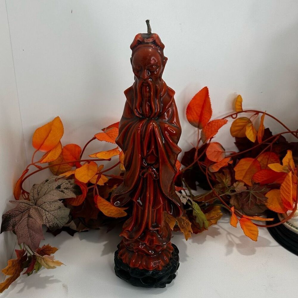 Vintage Asian Chinese Figural Candle 13" Orange Black Carved Wax Confucius